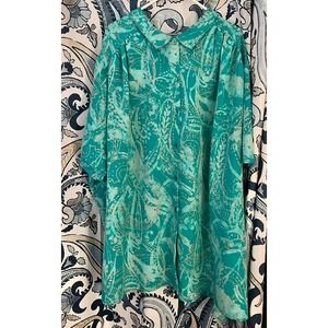 Woman Within‎ Turquoise Paisley Print Button Down Shirt Blouse Tunic 5X